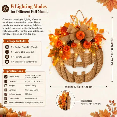 ๐ 50% OFF TODAY โ ๐ Burlap Pumpkin Wreath | Lighted & Classic