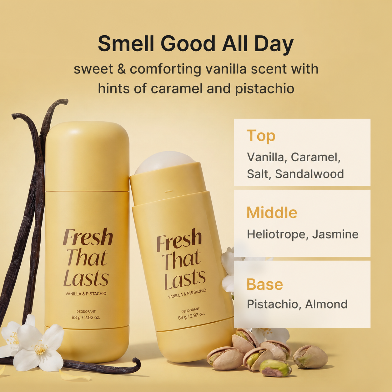 Vanilla & Pistachio Deodorant – 24H Odor Protection, Aluminum-Free, Brightens & Smooths Underarms with Kojic Acid & Turmeric