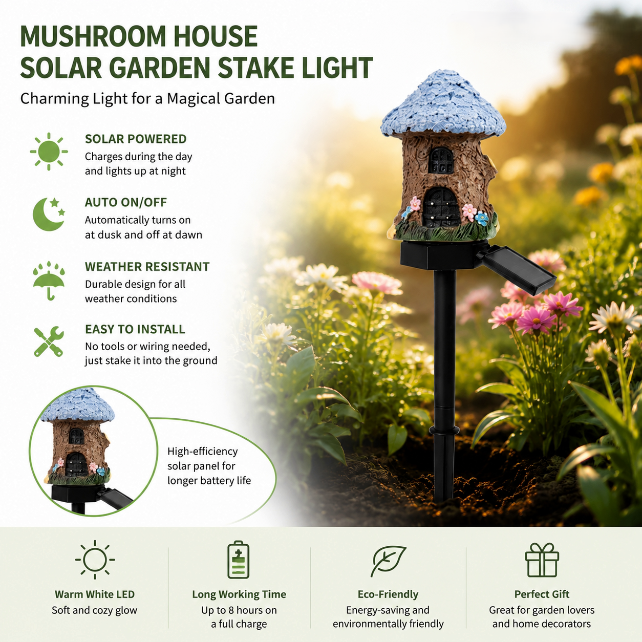 ✨ Solar Mushroom Cottage Garden Light – Warm Fairy-Tale Glow for Flower Beds