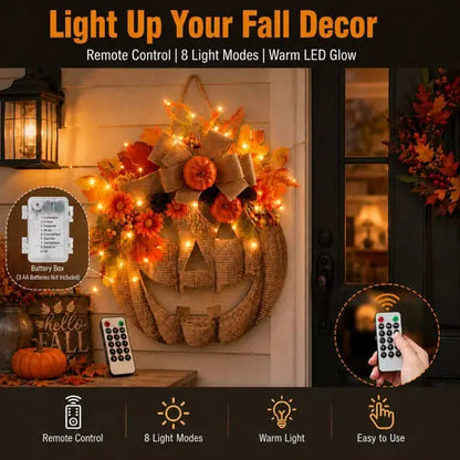 🎉 50% OFF TODAY — 🎃 Burlap Pumpkin Wreath | Lighted & Classic
