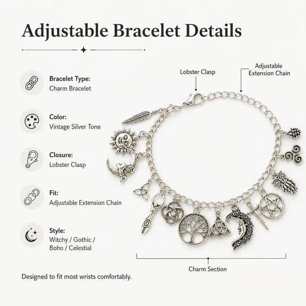 🌙 Vintage Witchy Charm Bracelet – Mystical Celestial Jewelry For Everyday Magic