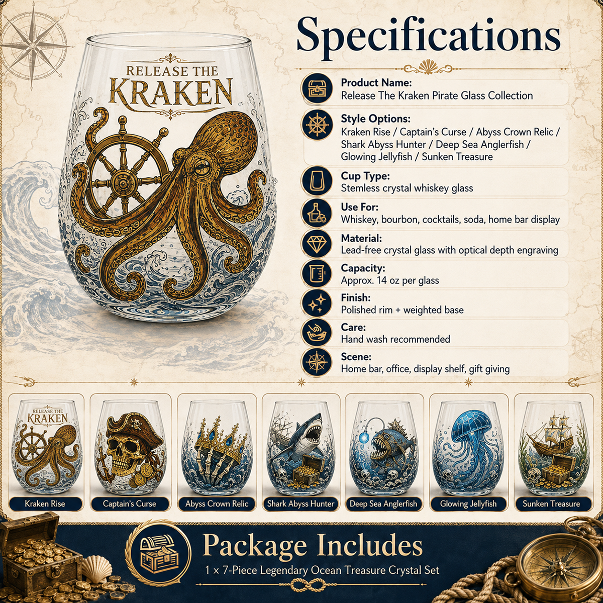 🌊 7-Piece Legendary Ocean Treasure Crystal Set for Whiskey Lovers & Home Bar Collectors ⚓✨