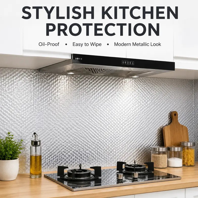 Self-Adhesive Aluminum Foil Kitchen Backsplash Wallpaper, 15.7x118in Oil-Proof Waterproof Heat-Resistant Easy-Clean Peel-and-Stick Silver Contact Paper for Countertops, Cabinets