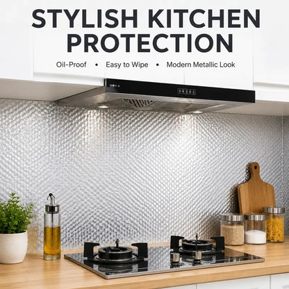Self-Adhesive Aluminum Foil Kitchen Backsplash Wallpaper, 15.7x118in Oil-Proof Waterproof Heat-Resistant Easy-Clean Peel-and-Stick Silver Contact Paper for Countertops, Cabinets