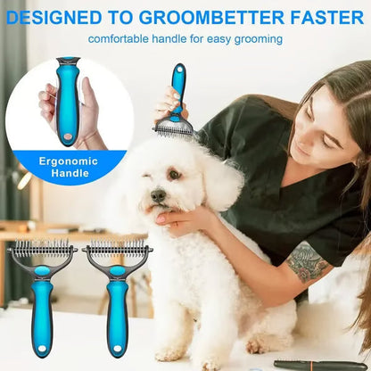 🔥Hot Sale 50% OFF!!🐾Professional Double-Sided Pet Grooming Rake ✨ Undercoat Deshedding Tool for Dogs & Cats 🐶🐱