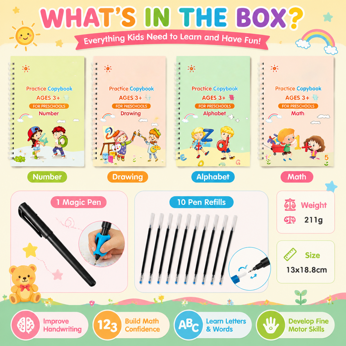 ✏️ Reusable Handwriting Practice Book Set for Kids – 4PCS Magic Writing Workbook