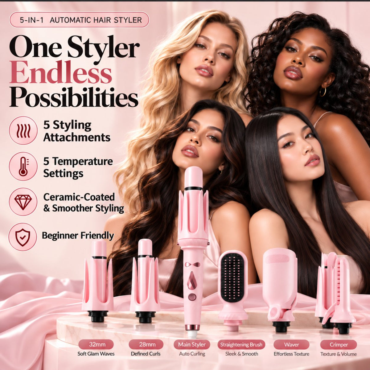 🎀 5-in-1 Hair Styler for Curls, Waves & More