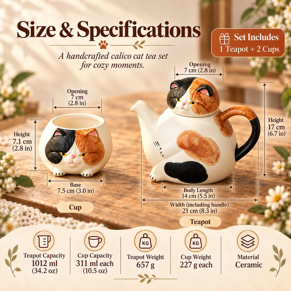 Handcrafted Calico Cat Teapot & Cup Set