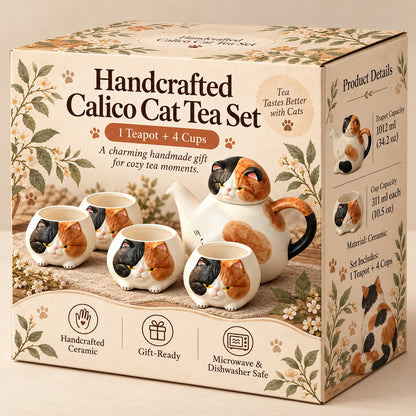 Handcrafted Calico Cat Teapot & Cup Set