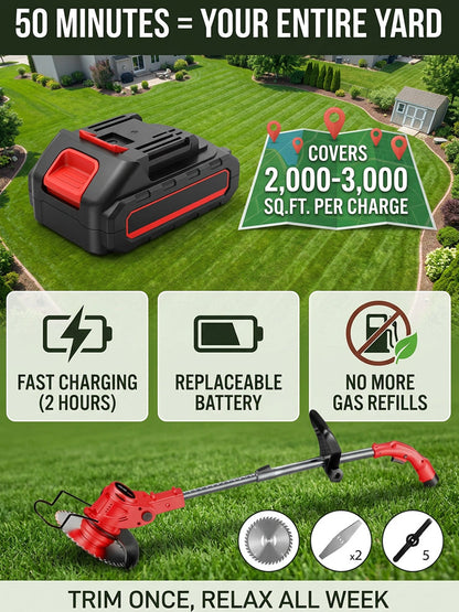 🌿 Lightweight Cordless Grass Trimmer Quiet 9000 RPM Powerful Long Battery Life Foldable Easy Storage