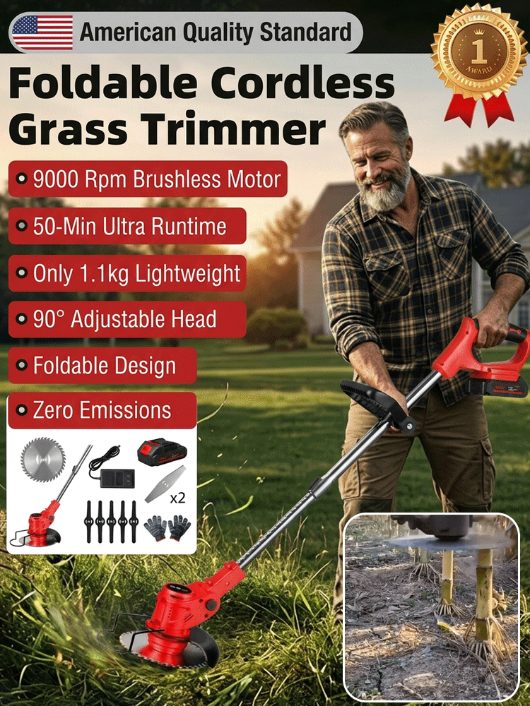 🌿 Lightweight Cordless Grass Trimmer Quiet 9000 RPM Powerful Long Battery Life Foldable Easy Storage