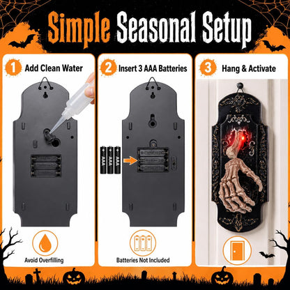 👻Halloween Skeleton Hand Spray Doorbell – The Ultimate Haunted Porch Decoration with Spooky Mist & Red Light Effects