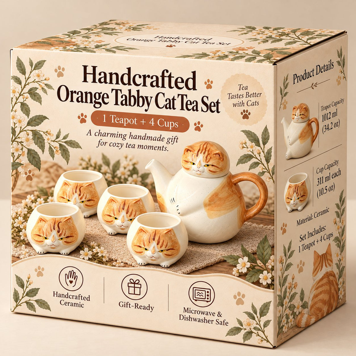 Handcrafted Calico Cat Teapot & Cup Set