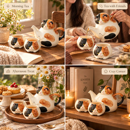 Handcrafted Calico Cat Teapot & Cup Set
