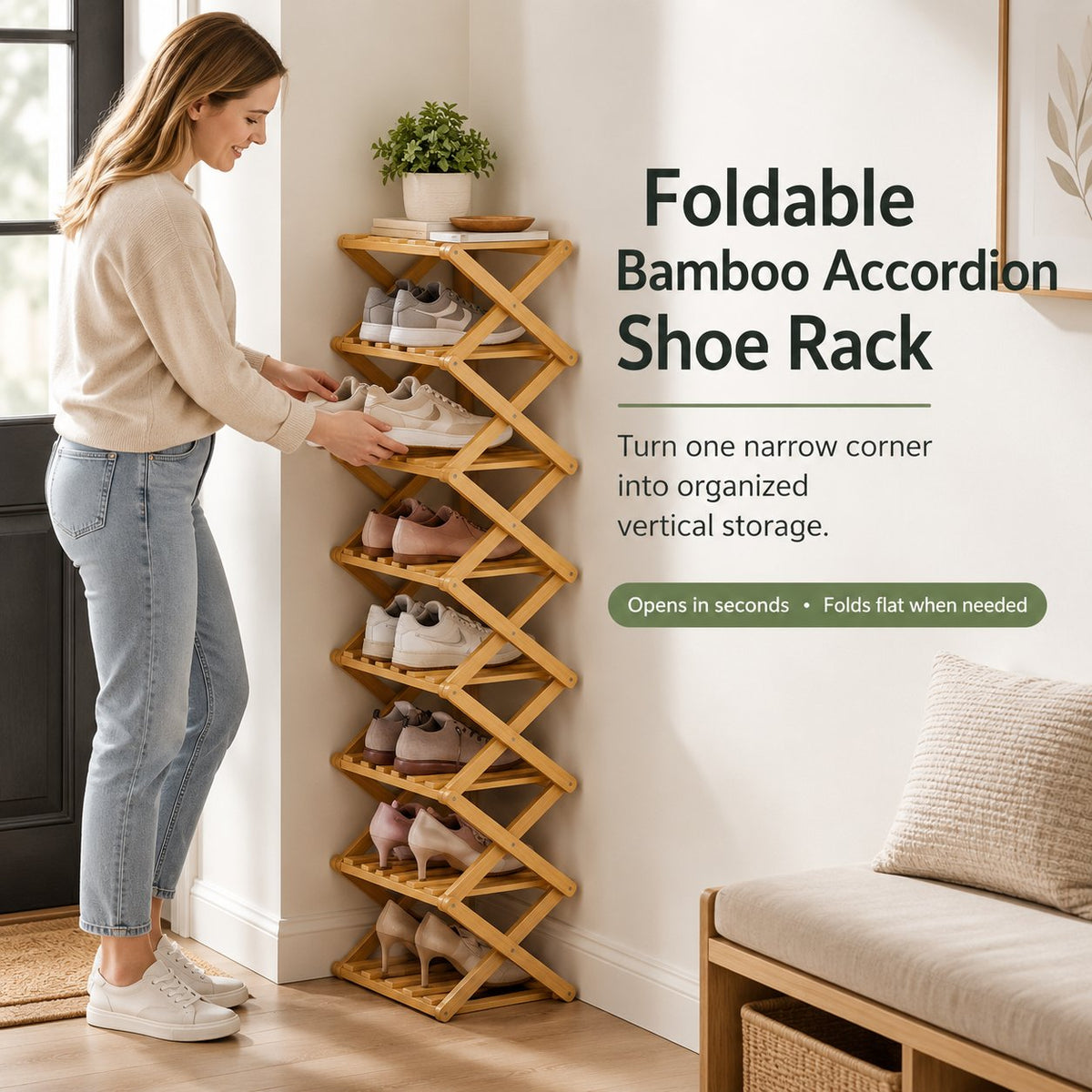 🔥Buy 2 Get 20% OFF🔥Foldable Bamboo Accordion Shoe Rack