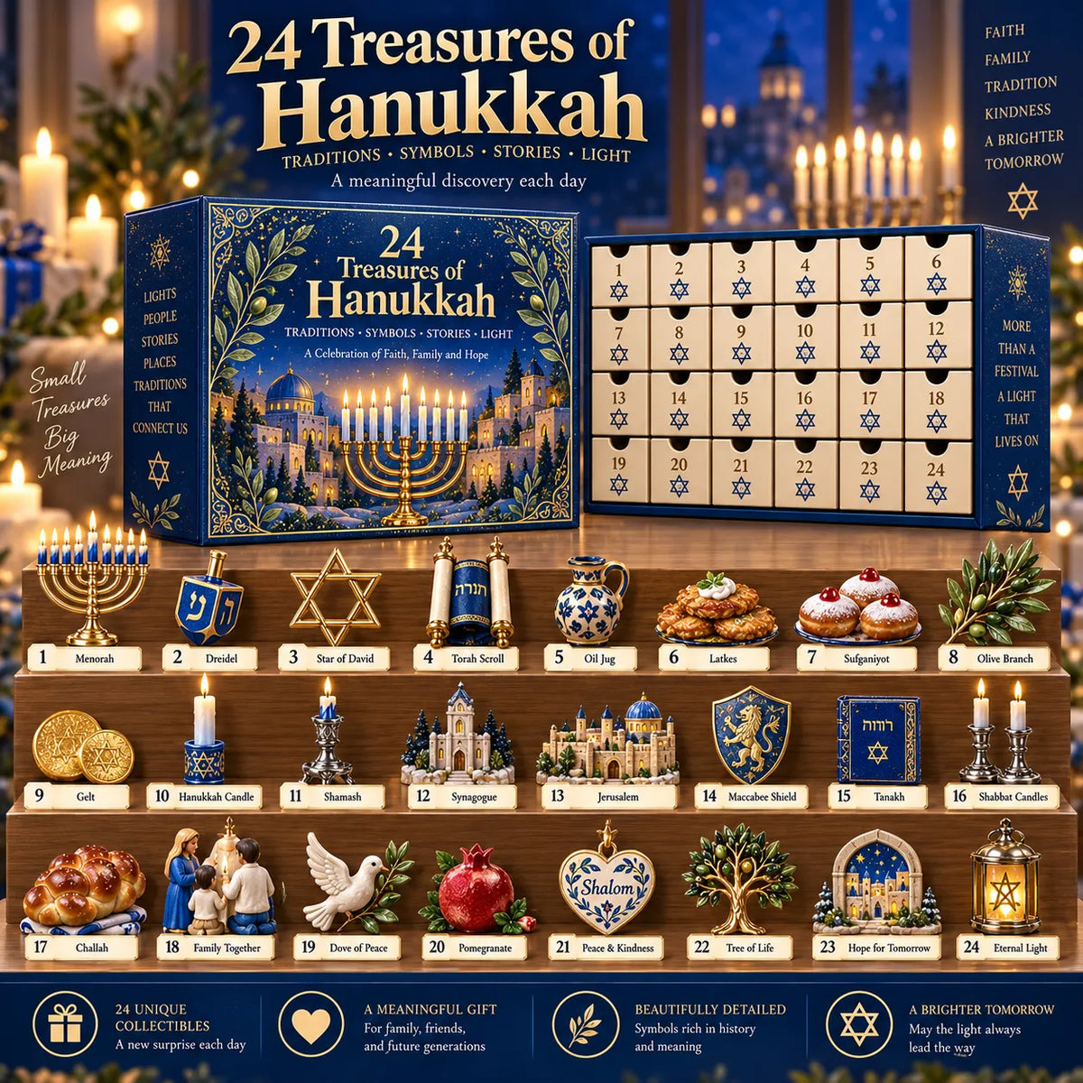 🔥Buy 2 Get 20% OFF🔥24 Treasures of Hanukkah – Traditions, Symbols & Light Countdown Calendar