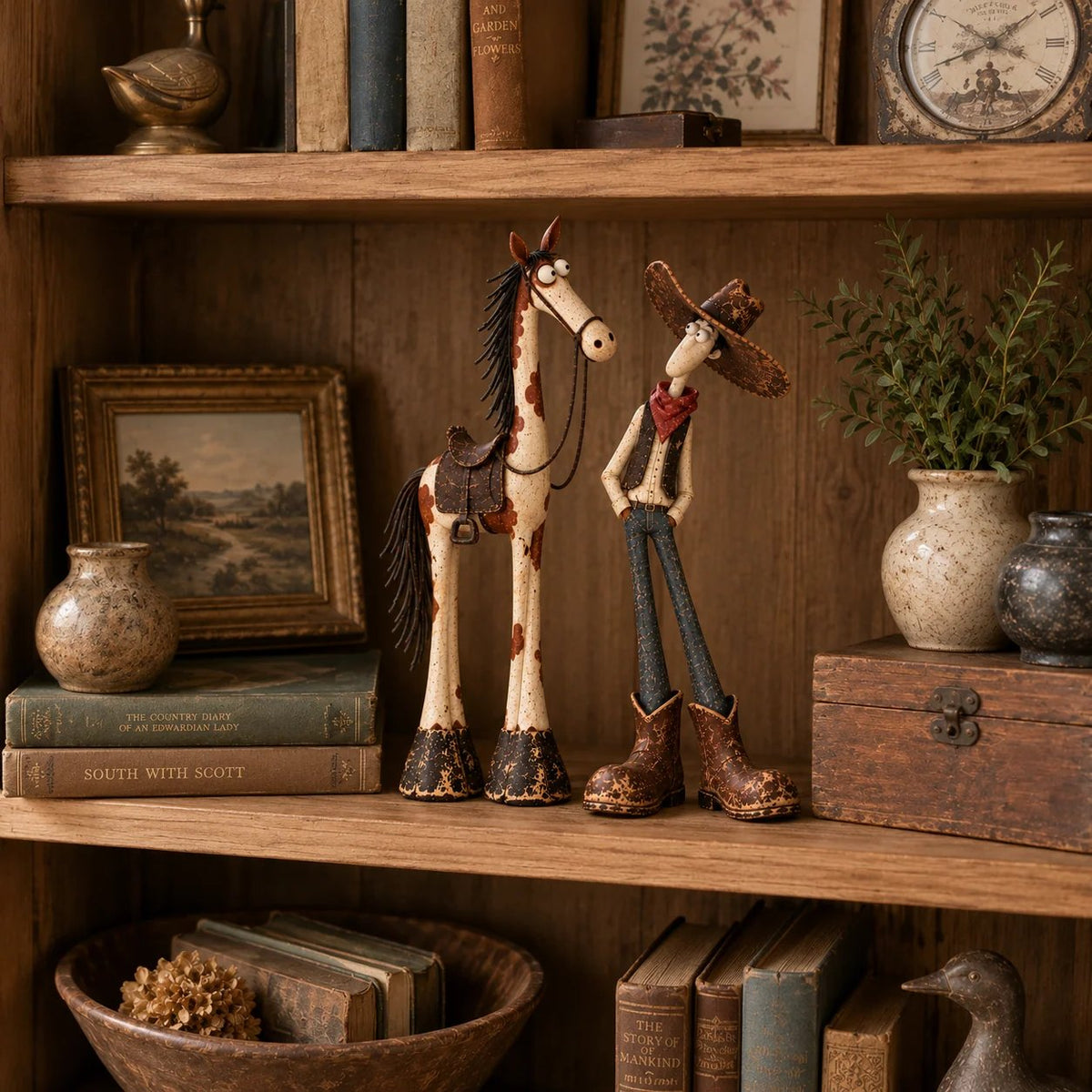🔥🤠🐴 Whimsical Western Cowboy & Horse Figurine Duo 🌵