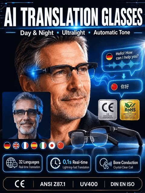 Smart Zoom Color-Changing Solar Real-Time AI Translation Glasses