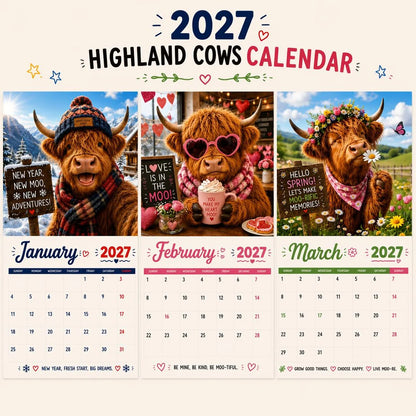🐮🎁2027 Funny Highland Cows Wall Calendar | A4 Hanging Calendar