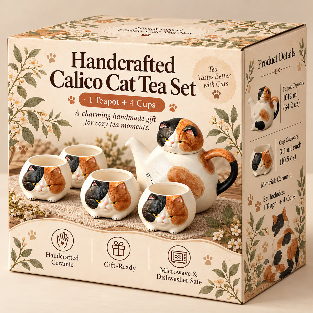 Handcrafted Calico Cat Teapot & Cup Set