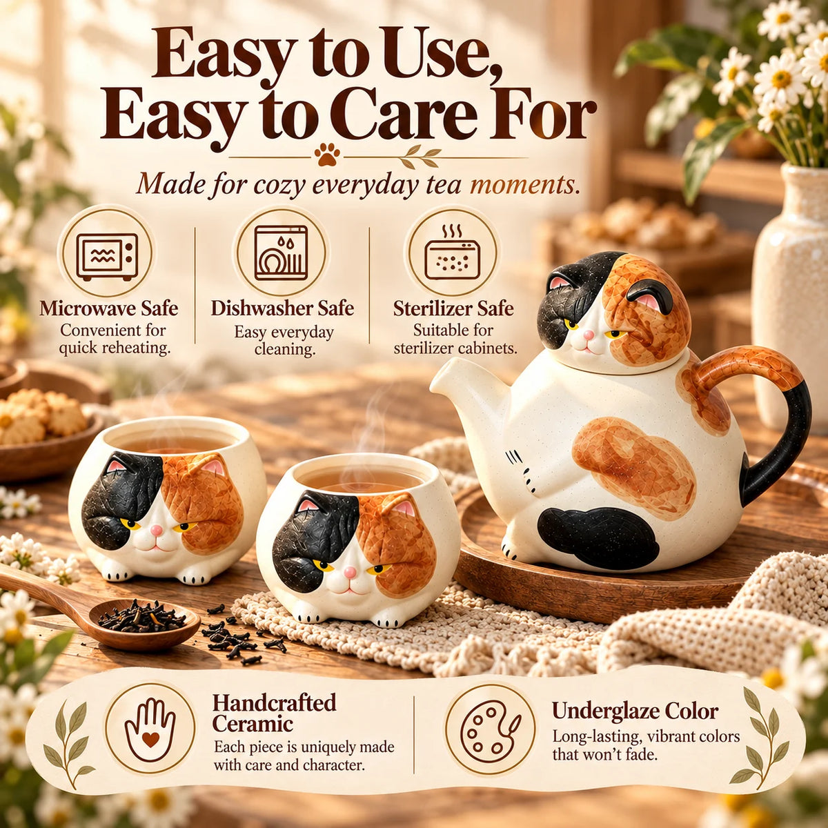 Handcrafted Calico Cat Teapot & Cup Set