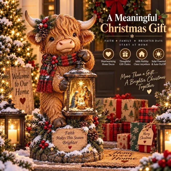 🐮✨ Highland Cow Nativity Lantern™ – Solar Lighted Christmas Porch & Garden Decor ✝️🎄