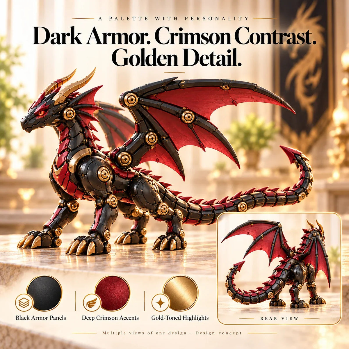 🔥last Day 49% Off -🐉 Mechanical Dragon Egg – Black & Crimson Dragon With Folding Wings & Armored Details