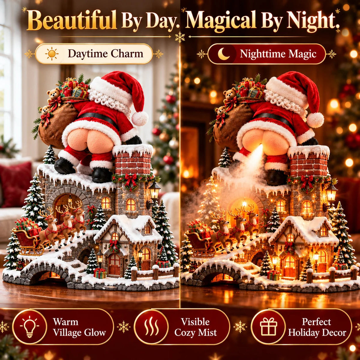 🎅 Santa’s Cheeky Christmas Village™ – Lighted Aroma Diffuser with Funny Santa Mist & Magical Holiday Glow
