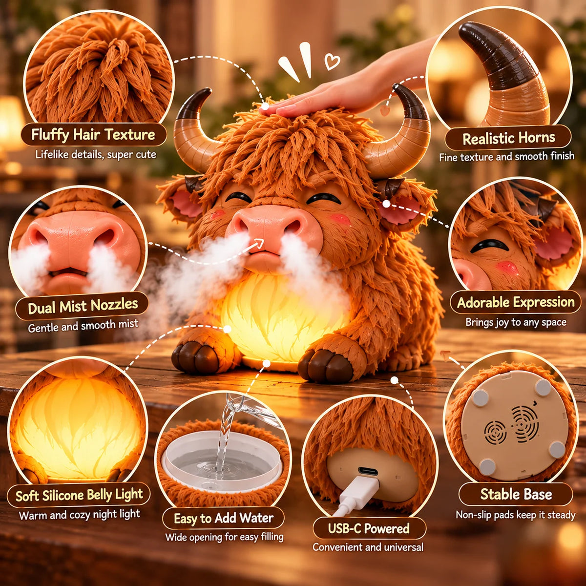 🐮 Highland Cow Huff™ – Tap-to-Puff Humidifier & Colorful Night Light ✨🎁