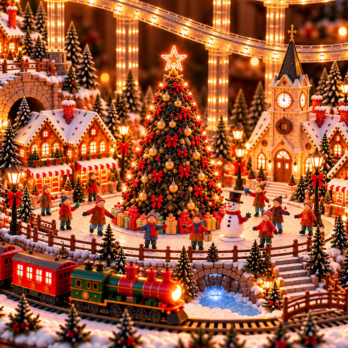 🎅🎄 Santa’s Magical Christmas Village – Animated Flying Sleigh & Holiday Train with Warm LED Lights ✨