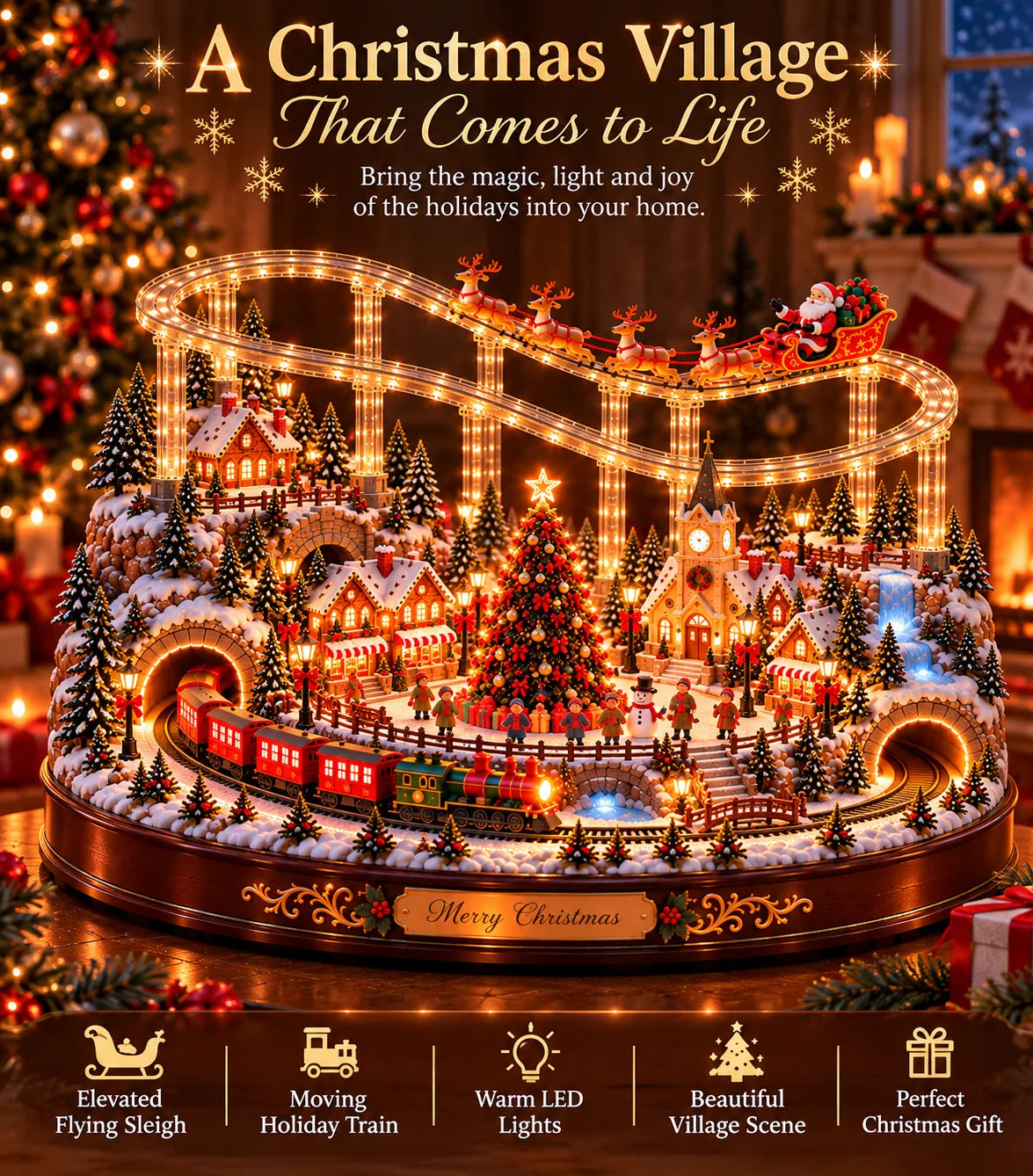 🎅🎄 Santa’s Magical Christmas Village – Animated Flying Sleigh & Holiday Train with Warm LED Lights ✨