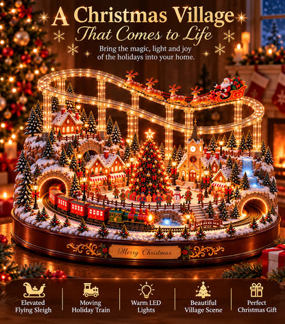 🎅🎄 Santa’s Magical Christmas Village – Animated Flying Sleigh & Holiday Train with Warm LED Lights ✨