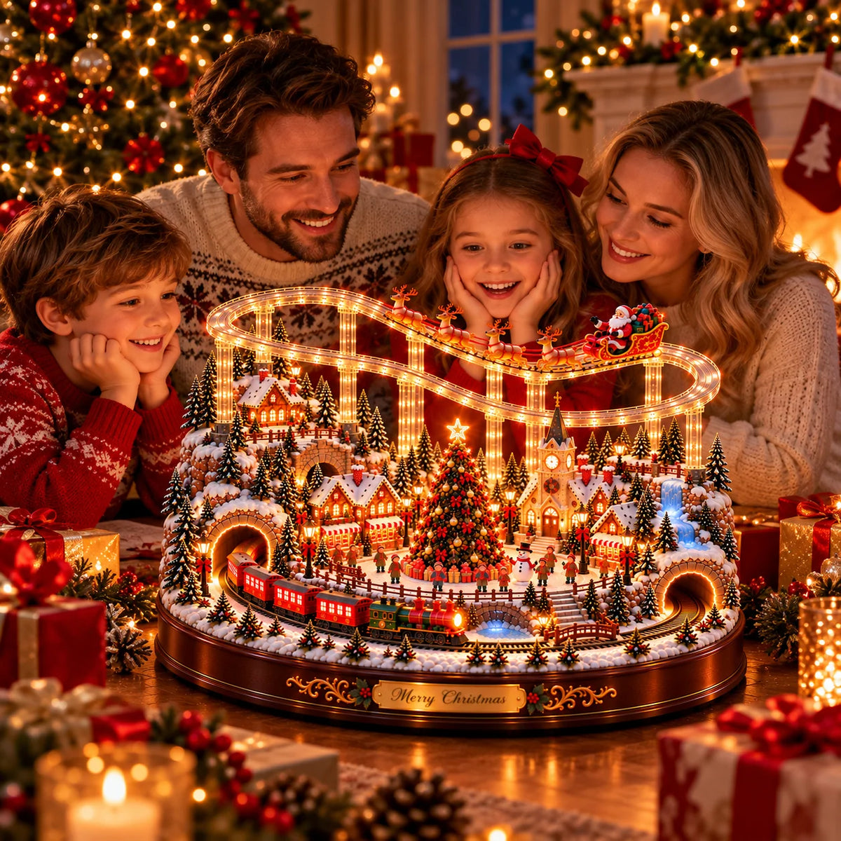 🎅🎄 Santa’s Magical Christmas Village – Animated Flying Sleigh & Holiday Train with Warm LED Lights ✨