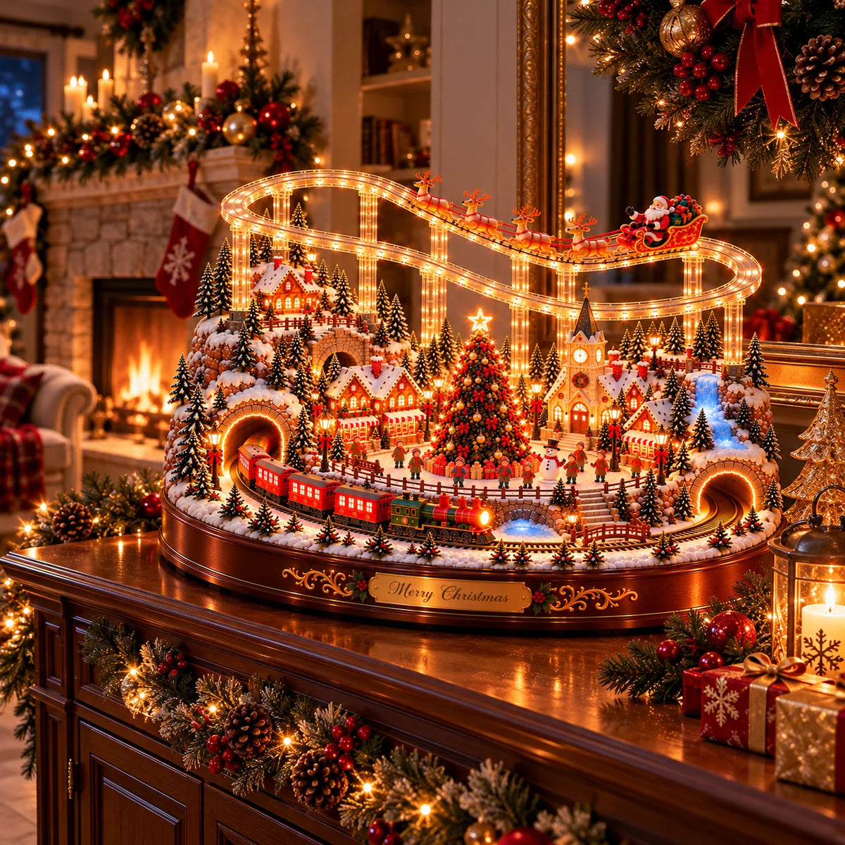 🎅🎄 Santa’s Magical Christmas Village – Animated Flying Sleigh & Holiday Train with Warm LED Lights ✨