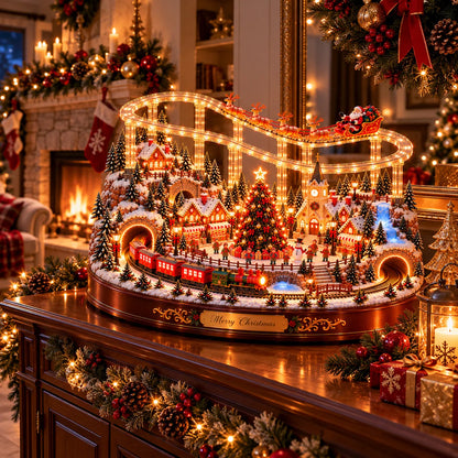 🎅🎄 Santa’s Magical Christmas Village – Animated Flying Sleigh & Holiday Train with Warm LED Lights ✨