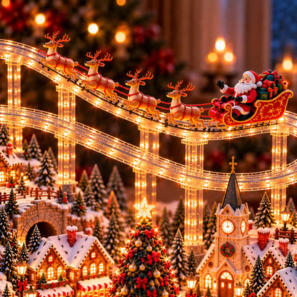 🎅🎄 Santa’s Magical Christmas Village – Animated Flying Sleigh & Holiday Train with Warm LED Lights ✨