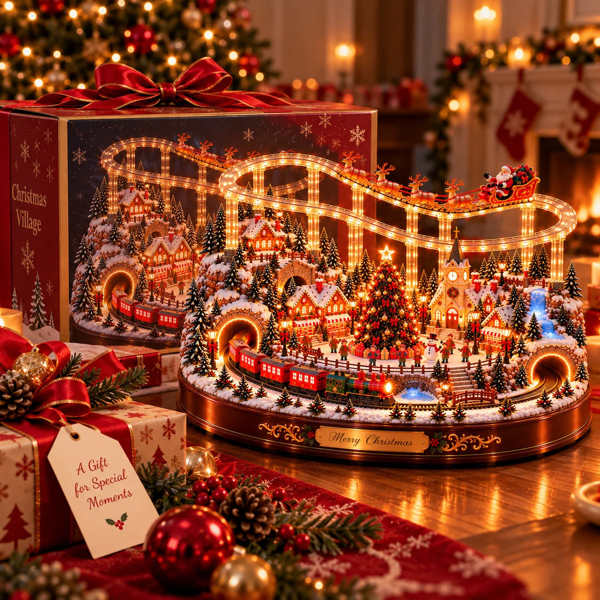 🎅🎄 Santa’s Magical Christmas Village – Animated Flying Sleigh & Holiday Train with Warm LED Lights ✨