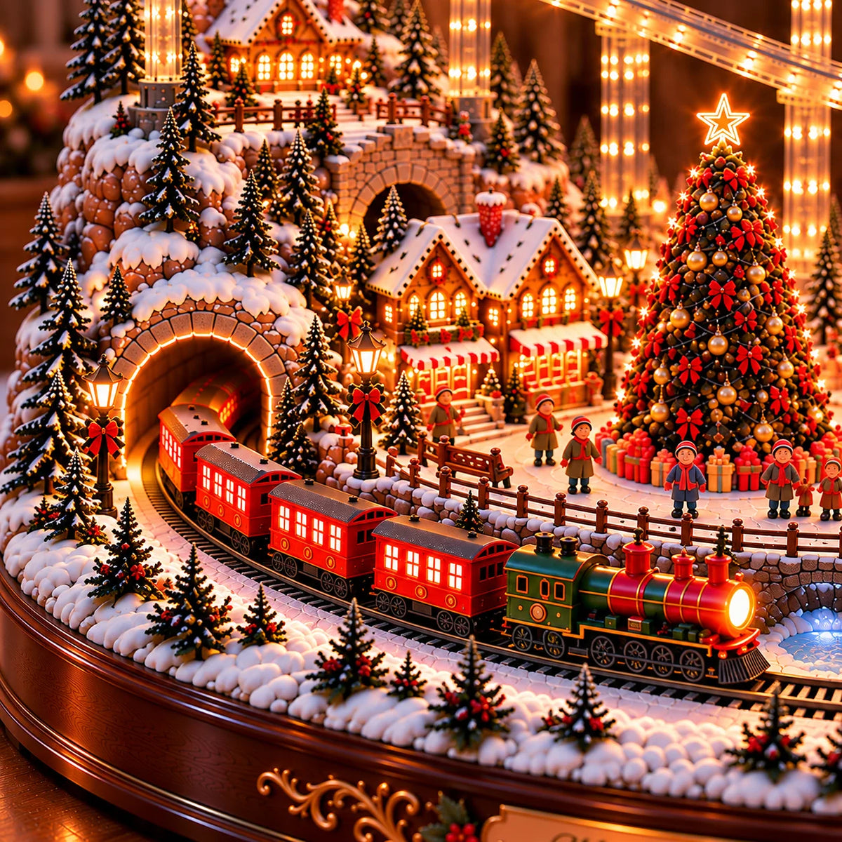 🎅🎄 Santa’s Magical Christmas Village – Animated Flying Sleigh & Holiday Train with Warm LED Lights ✨
