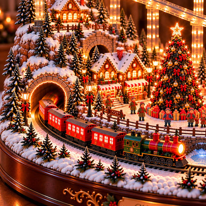 🎅🎄 Santa’s Magical Christmas Village – Animated Flying Sleigh & Holiday Train with Warm LED Lights ✨