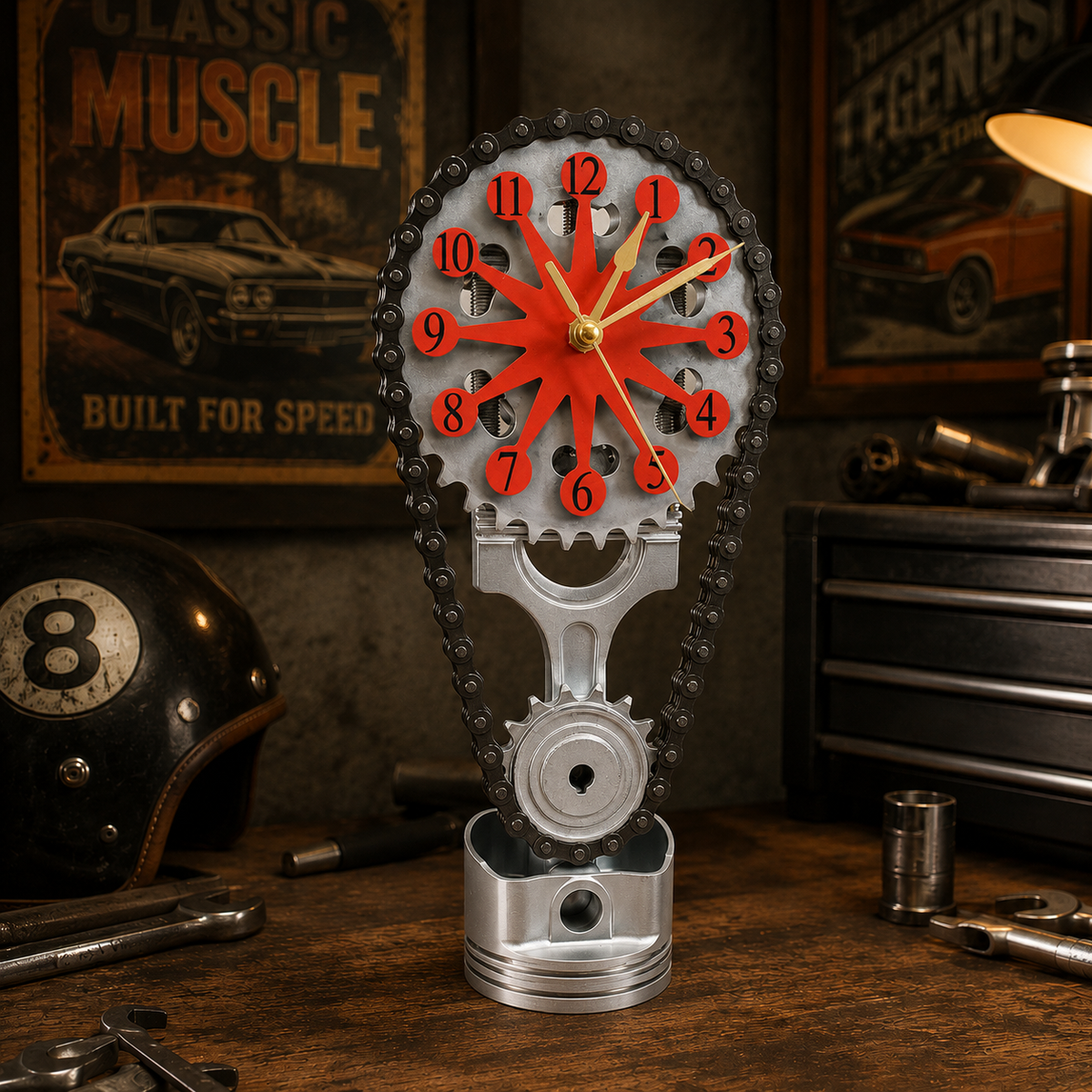 Rotating Timing Chain Gear Clock – Mechanical Piston Desk & Wall Clock