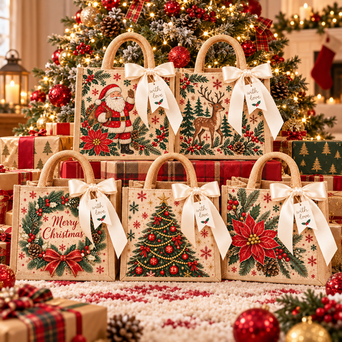 🎁 Vintage Christmas Burlap Gift Tote Bag – Reusable Rustic Holiday Gift Bag with Ribbon & Gift Tag