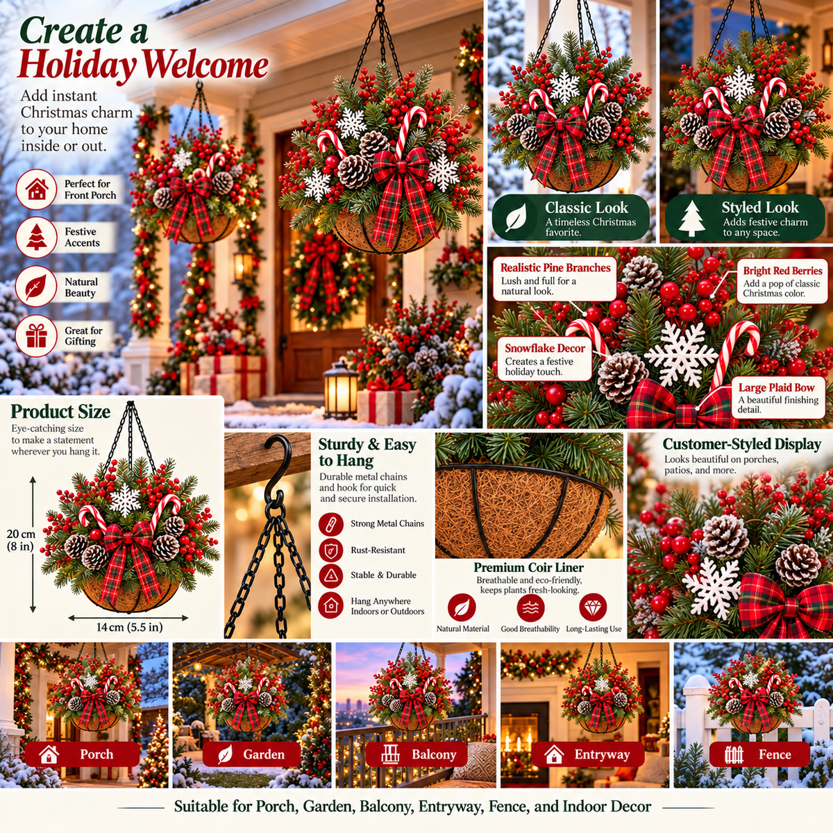Pre-Lit Christmas Hanging Basket | Pre-lit, weather-resistant, and zero maintenance