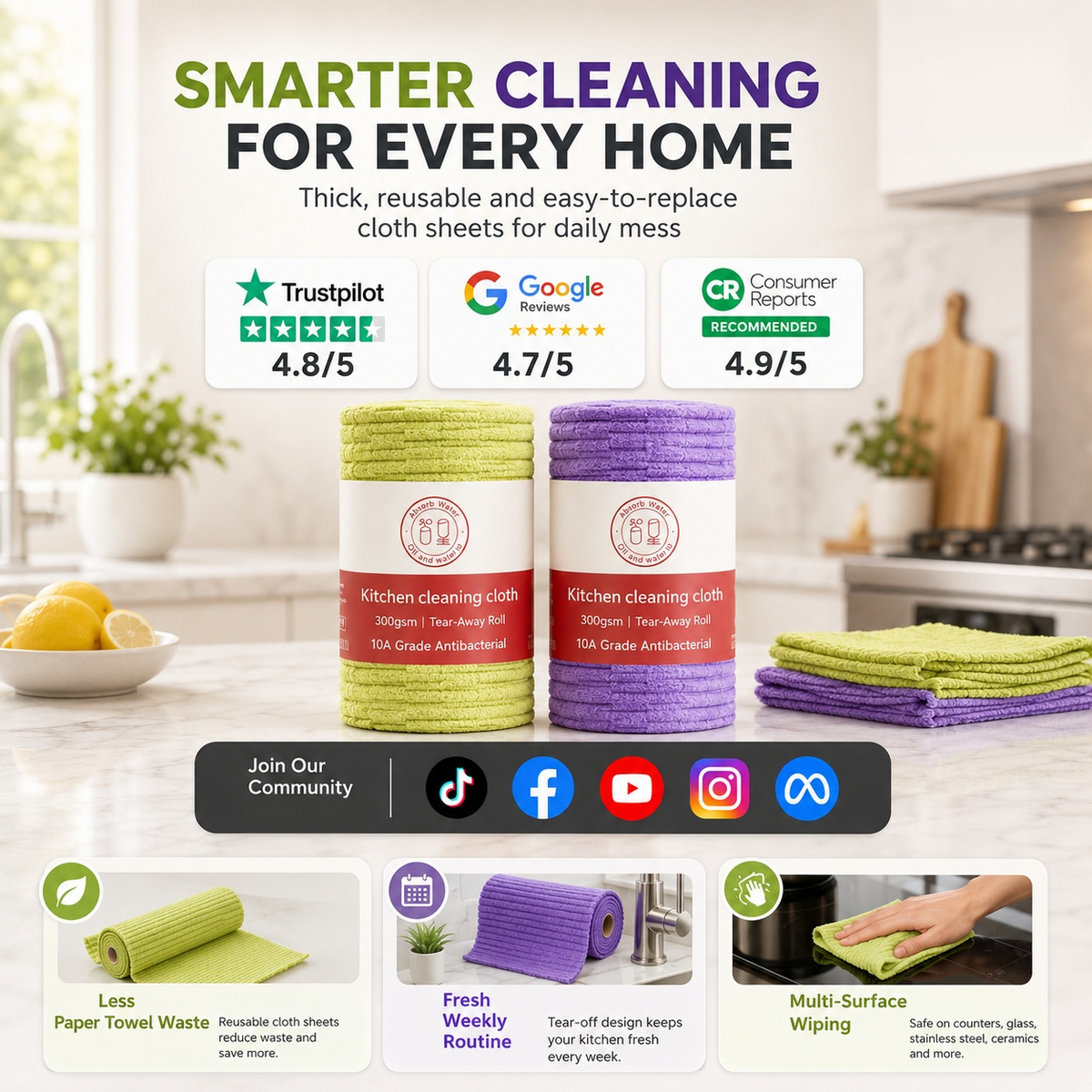 Multipurpose Reusable Tear-Off Cleaning Cloth Roll