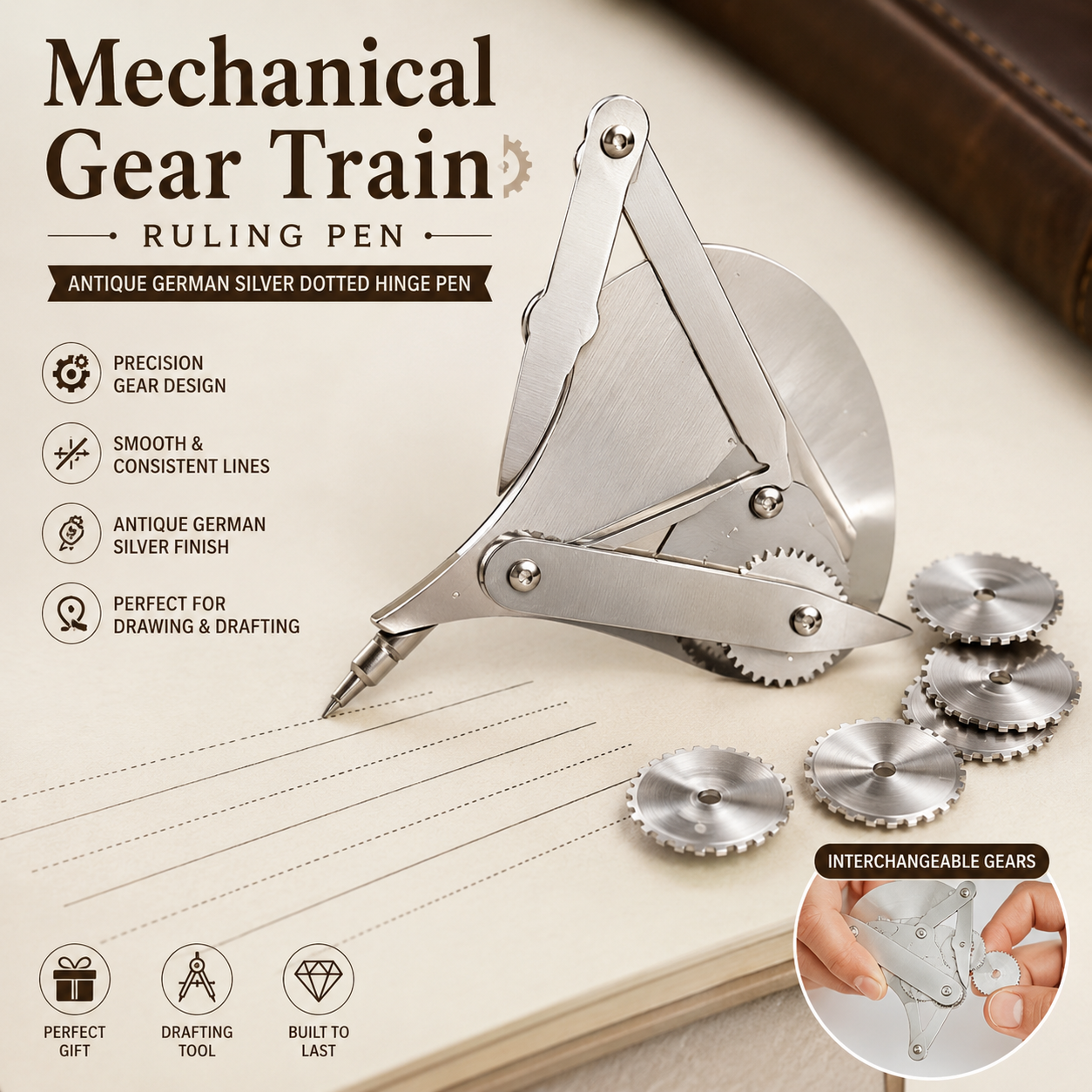 ✒️ Mechanical Gear Train Ruling Pen – Vintage German Silver Precision Dotting Pen