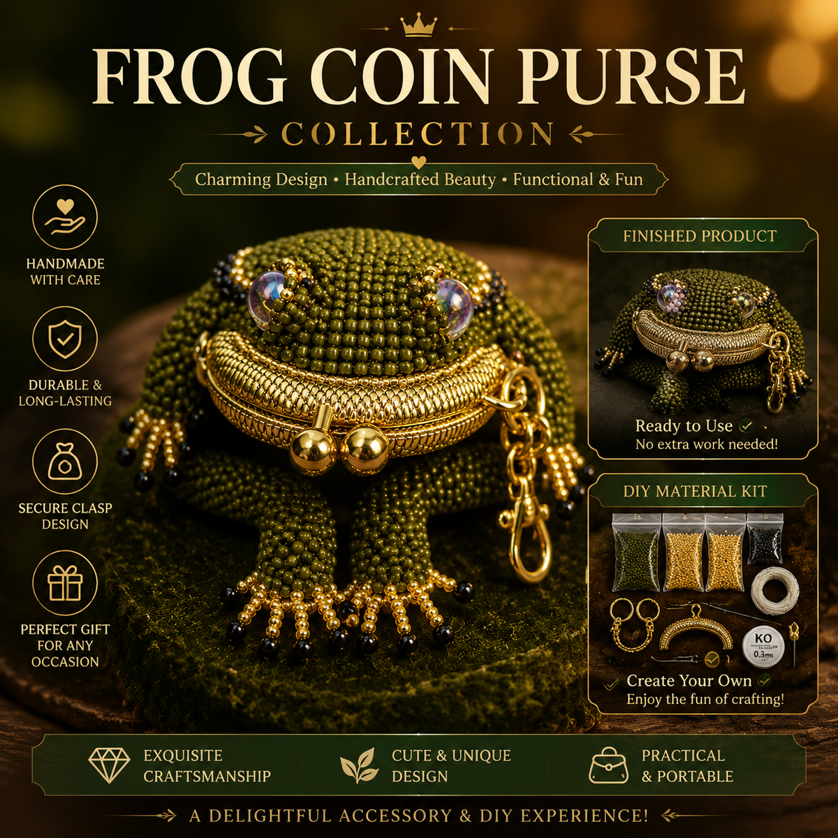 🐸 Frog Coin Purse Collection – Ready-Made Fabric Purse & Beaded Craft Kit