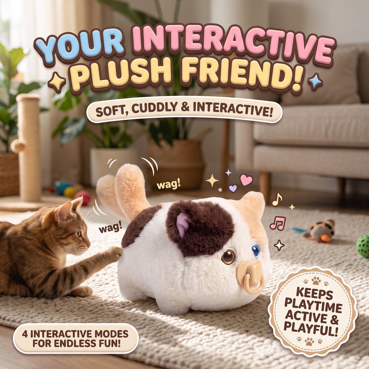 🐱 Interactive Plush Fluffy Kitten Toy with Voice Repeating & Magnetic Pacifier 💗