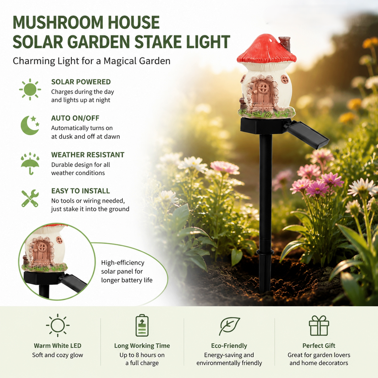 ✨ Solar Mushroom Cottage Garden Light – Warm Fairy-Tale Glow for Flower Beds