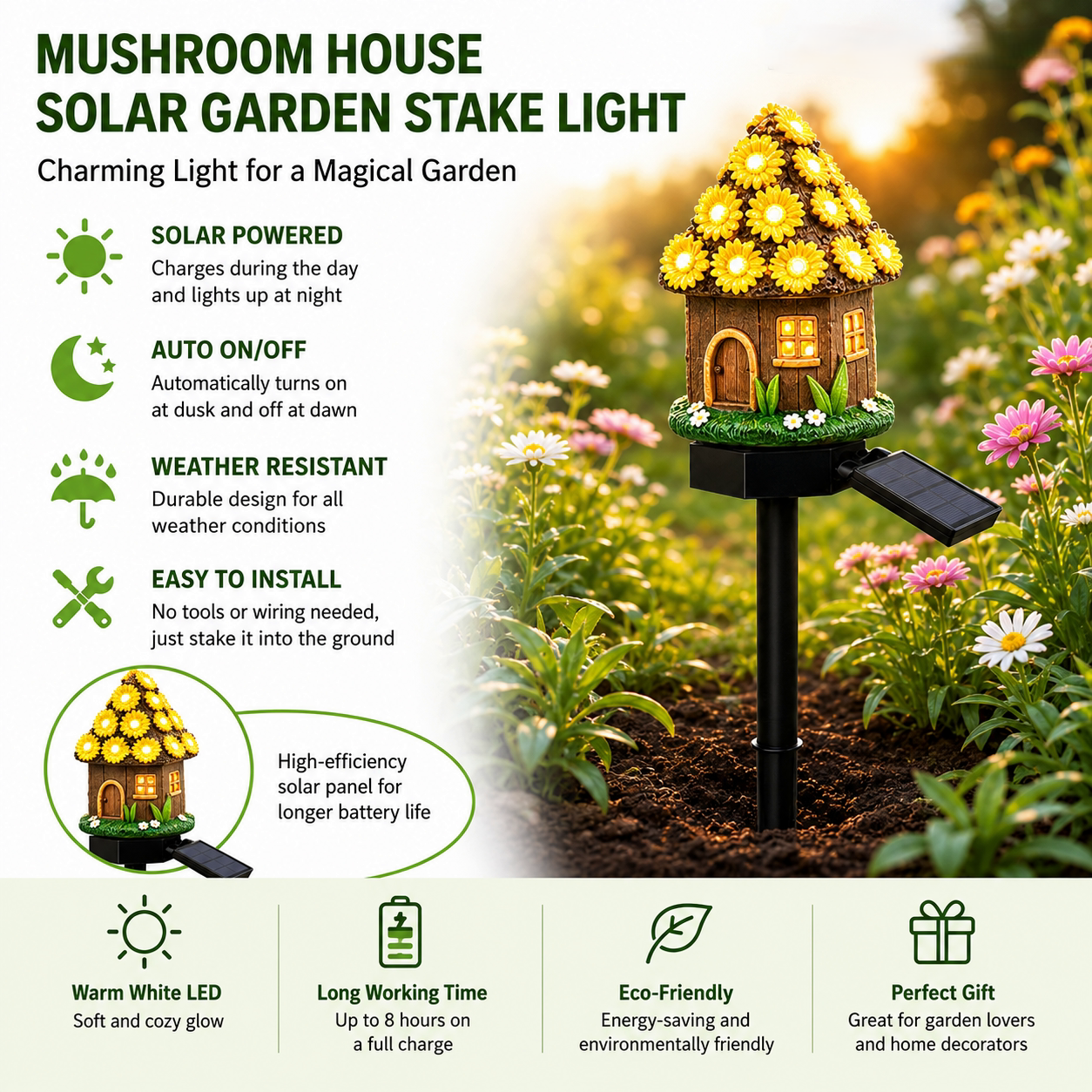 ✨ Solar Mushroom Cottage Garden Light – Warm Fairy-Tale Glow for Flower Beds