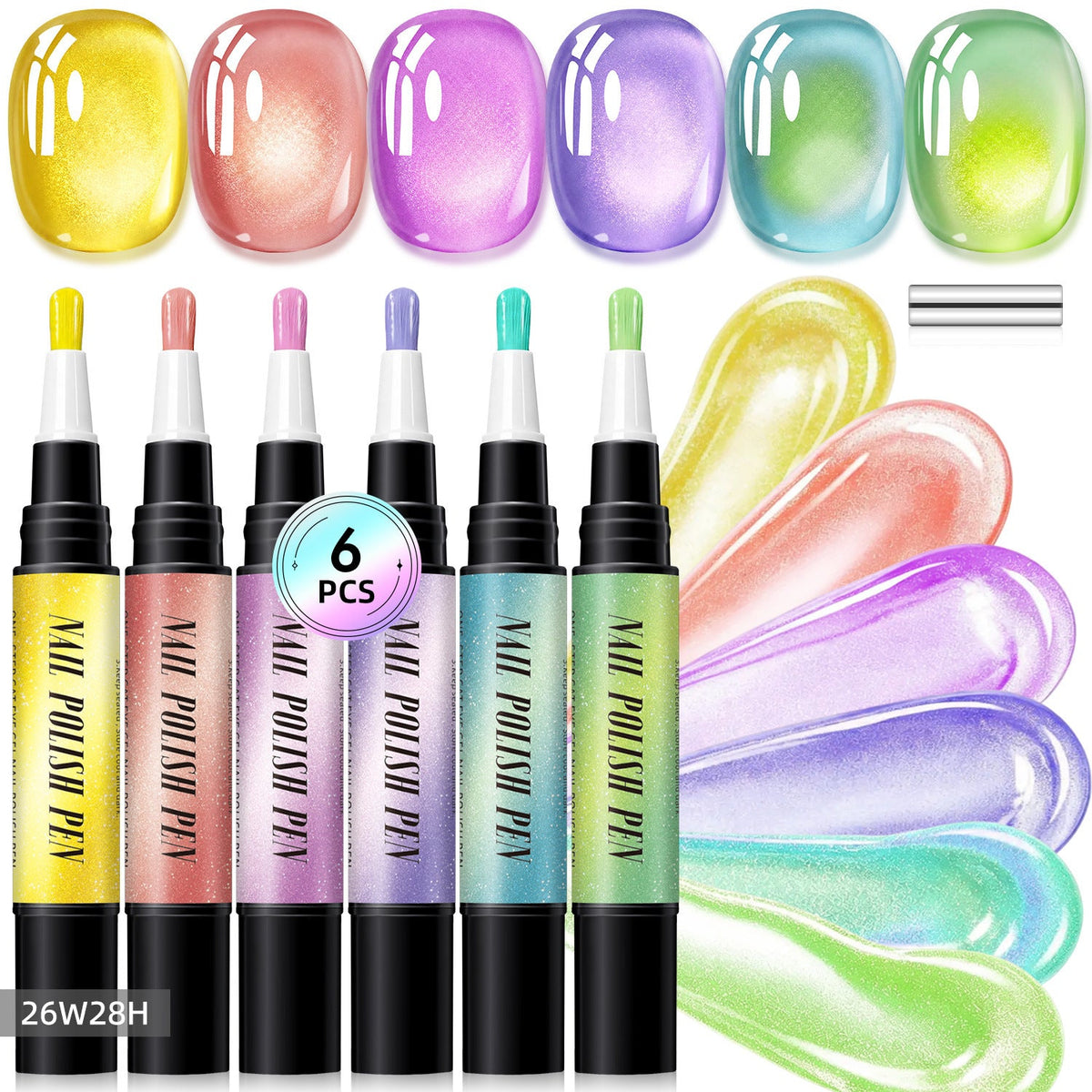 6-Piece One-Step Gel Nail Art Pen Set — Cat-Eye & Polarized Glitter, Salon Finish at Home