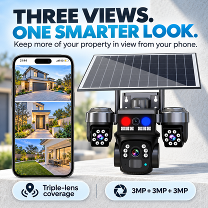 🛡️ 9MP Triple Lens Solar Security Camera - Wireless WiFi & Color Night Vision